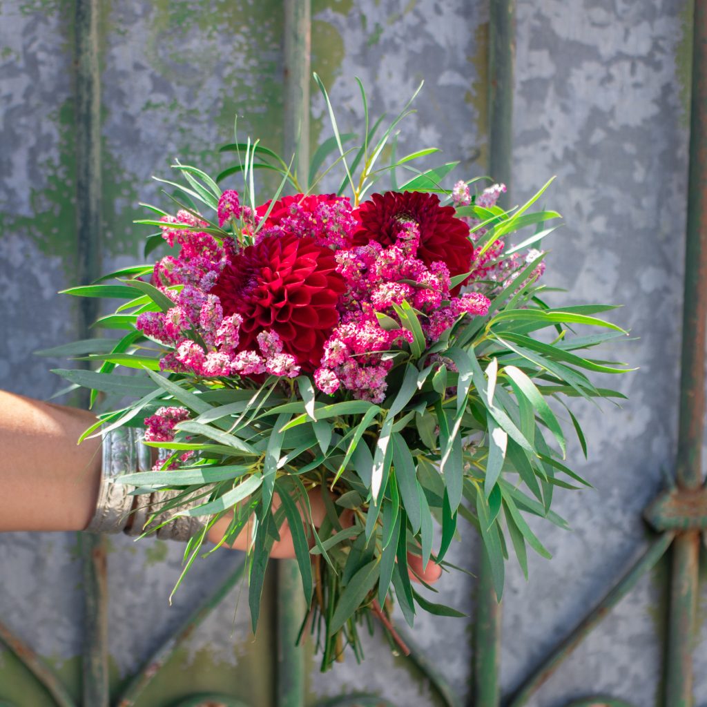bouquet de dahlia rouge arreca jacinthes posé sur sac en cuir